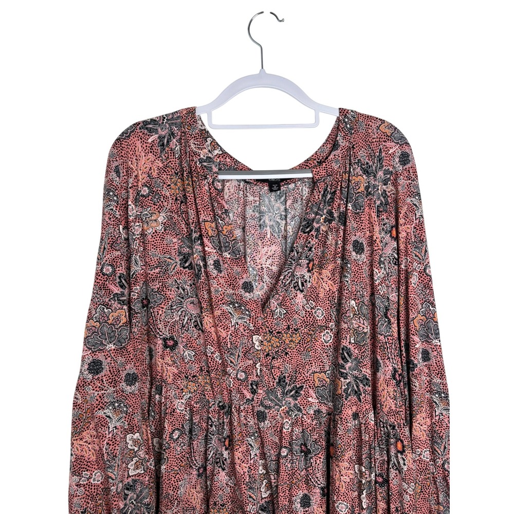 Ellos Tiered Babydoll Dress Women 2X Pink Paisley Floral V-Neck Boho Excellent